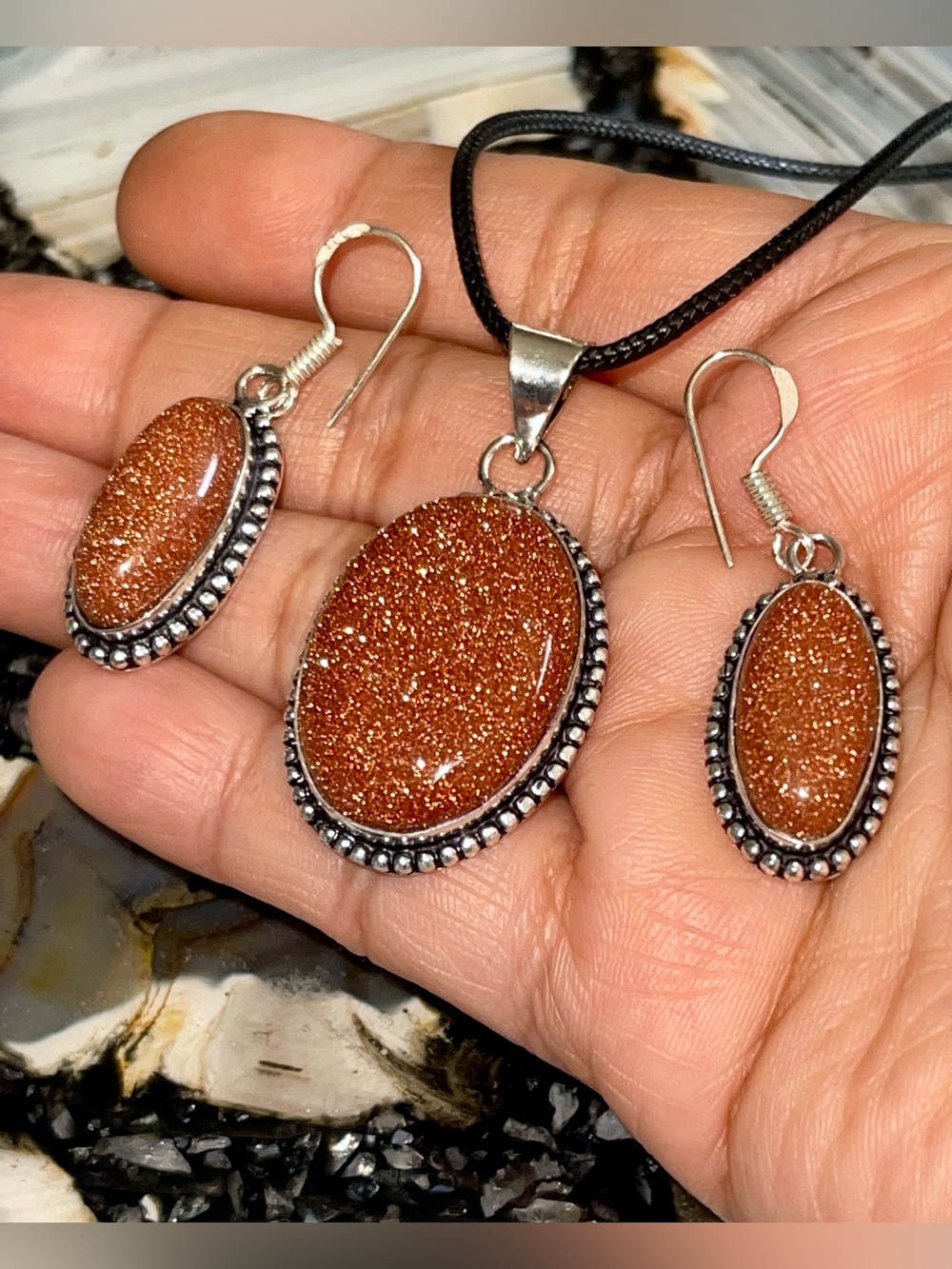 Dainty Pair of Glittery Rust-colored Golden Sandstone Pendant & Earrings